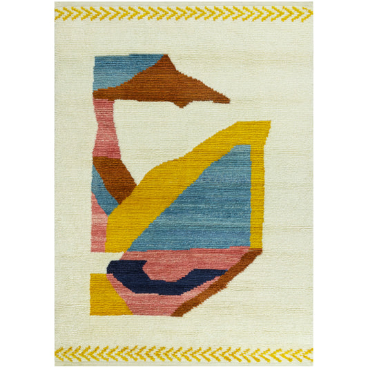 Teppich in Creme mit geometrischem Patchwork-Muster in Blau, Gelb, Rot und Braun