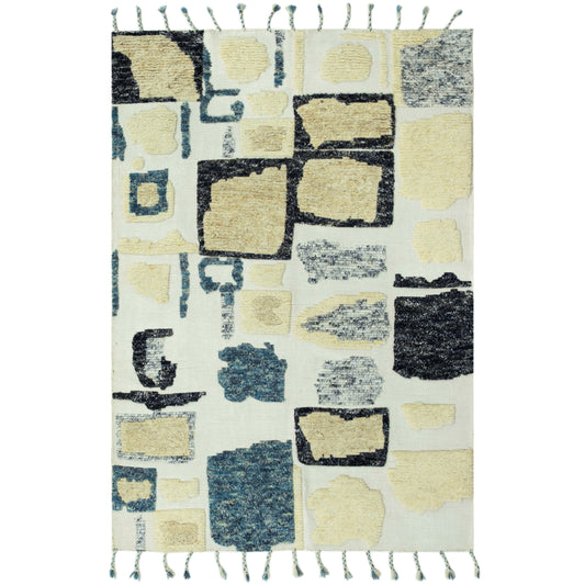 Teppich 240x170 cm mit abstraktem Patchwork-Muster in Creme, Blau und Schwarz, mit Fransen