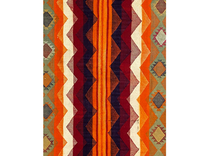 Salon dekorativer Jajim Teppich aus Wolle mit orangefarbenen Streifen und geometrischen Details