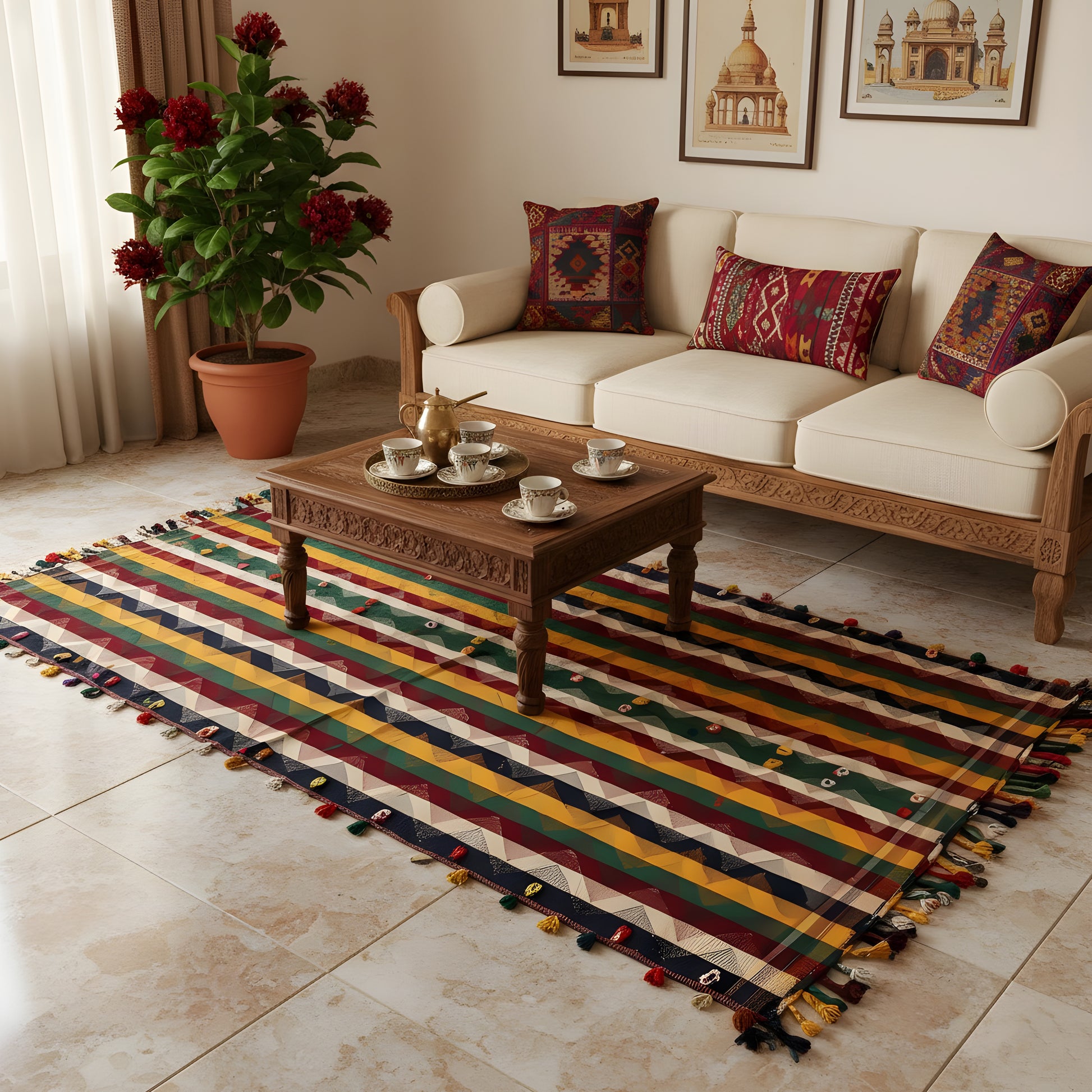 Schlafzimmer farbenfroher Jajim Wollteppich im traditionellen Boho-Dekor