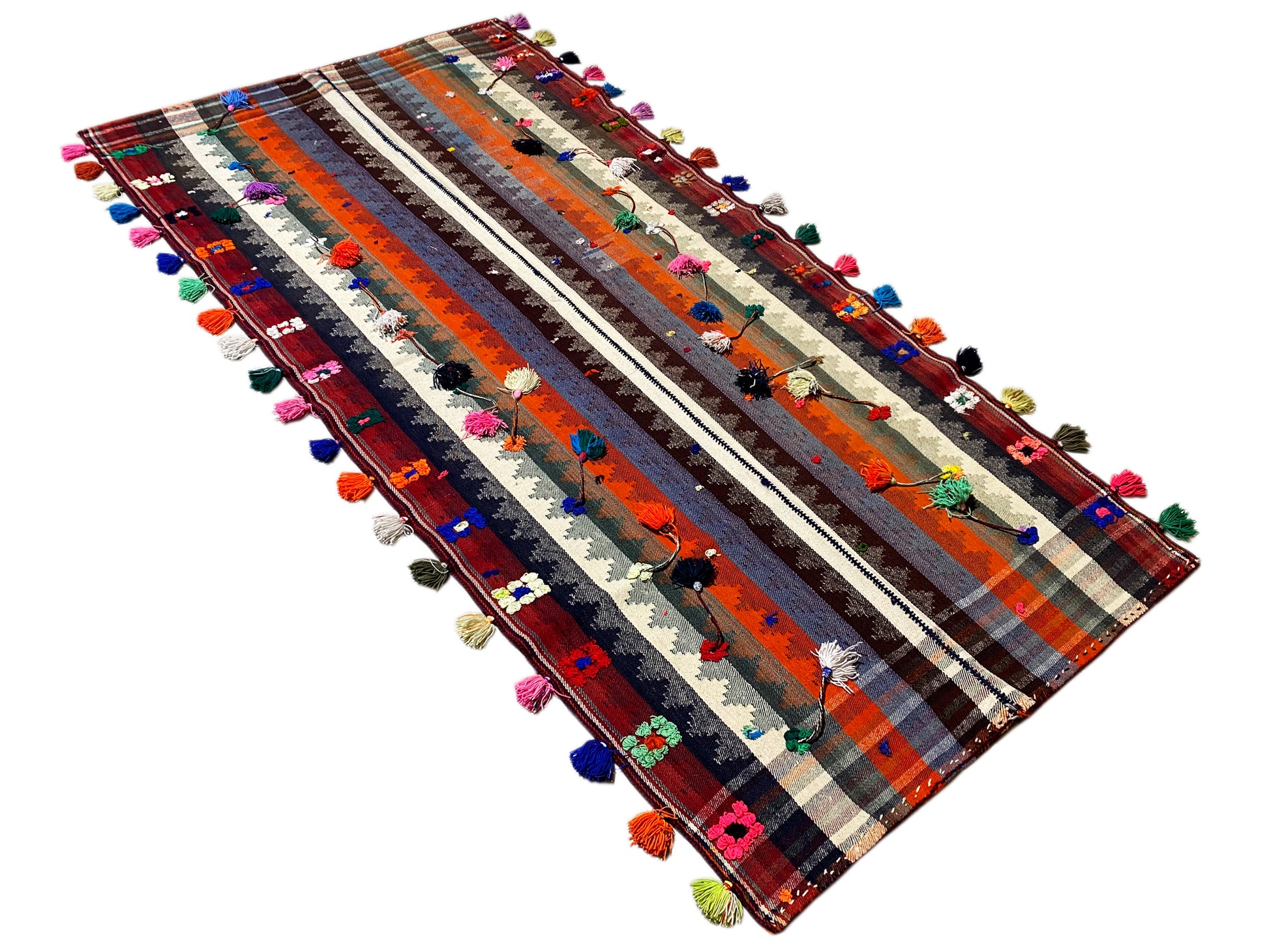 Wohnzimmer Jajim Teppich handgewebt in kräftigen Farben mit Streifen und Details