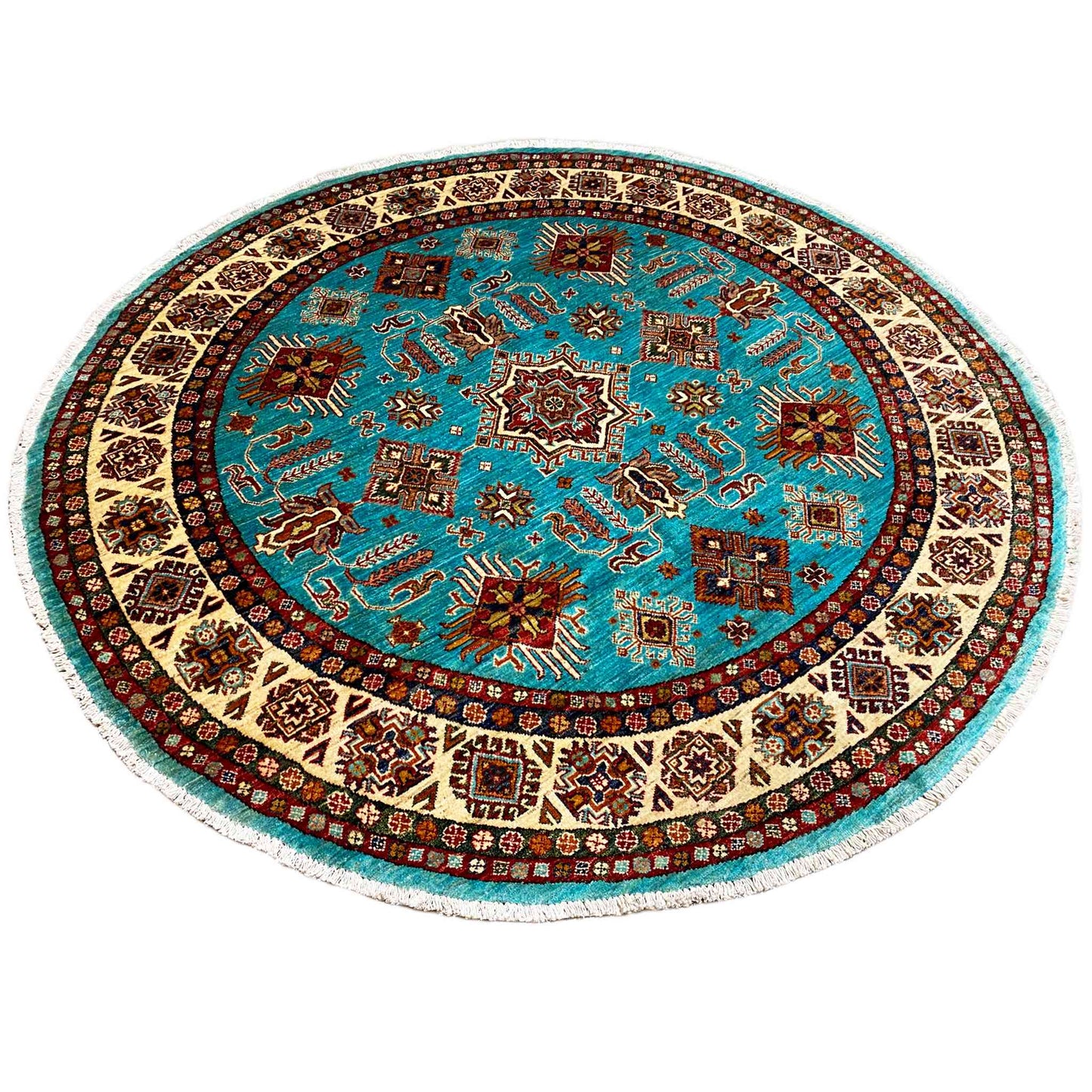 Türkisfarbener Runder Kazak Teppich, 184x185 cm - German Carpet Shop