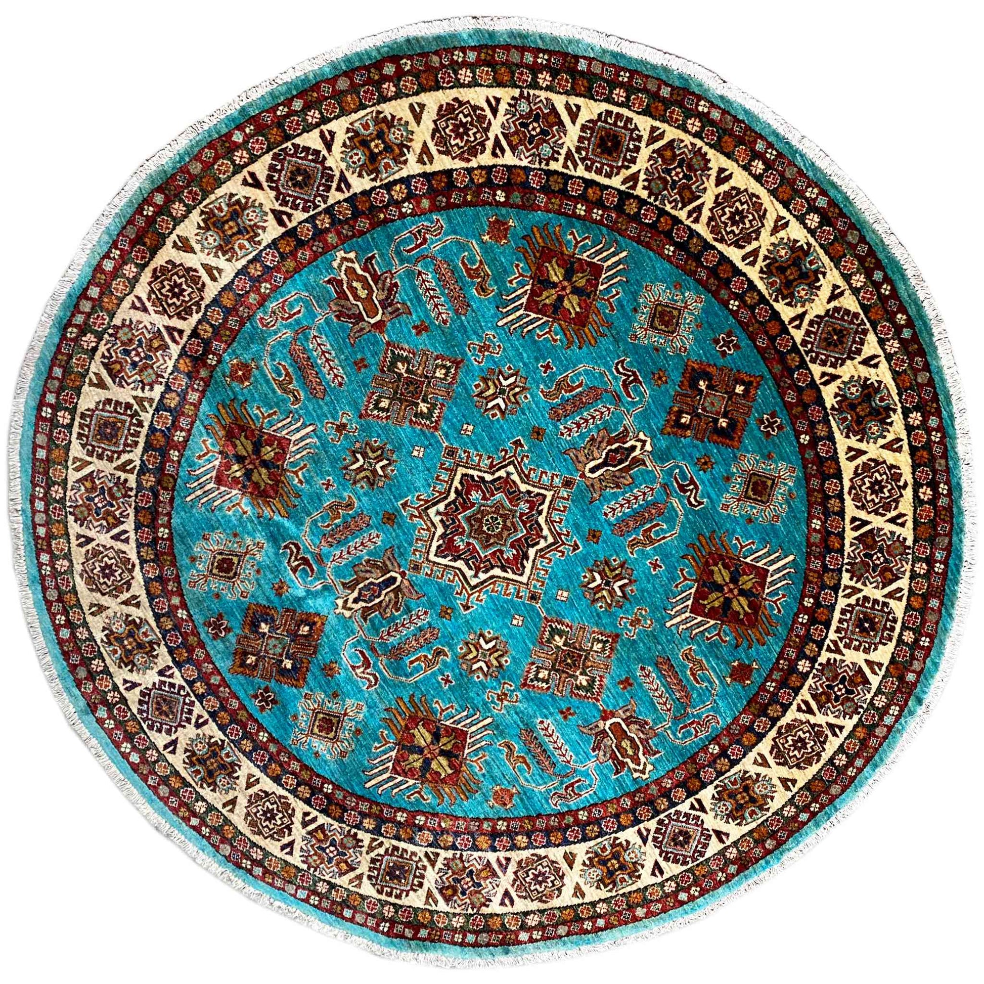 Türkisfarbener Runder Kazak Teppich, 184x185 cm - German Carpet Shop