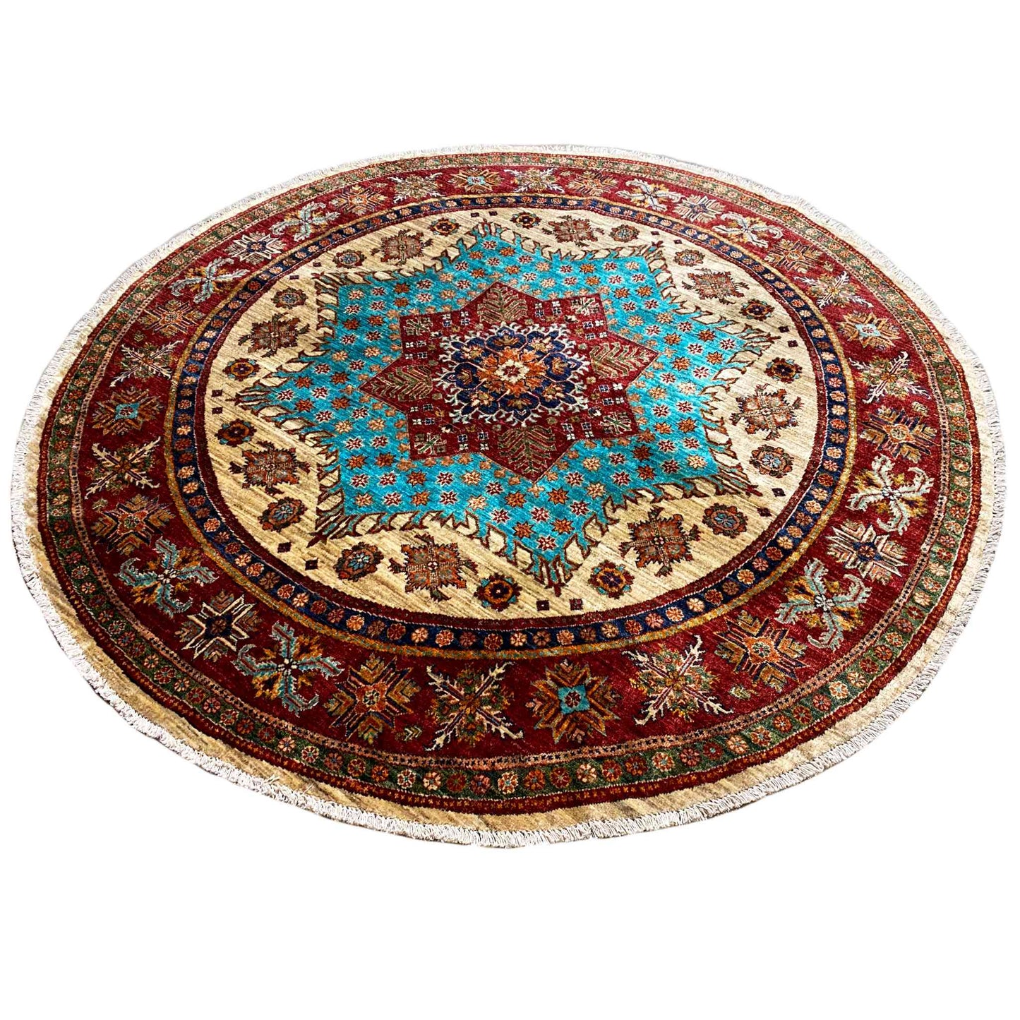 Türkis & Roter Runder Kazak Teppich, 204x204 cm - German Carpet Shop
