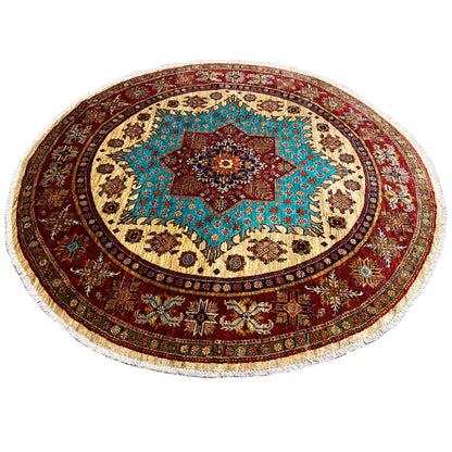 Türkis & Roter Runder Kazak Teppich, 204x204 cm - German Carpet Shop
