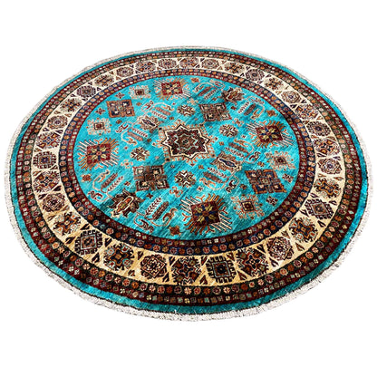 Türkisfarbener Runder Kazak Teppich, 177x180 cm - German Carpet Shop