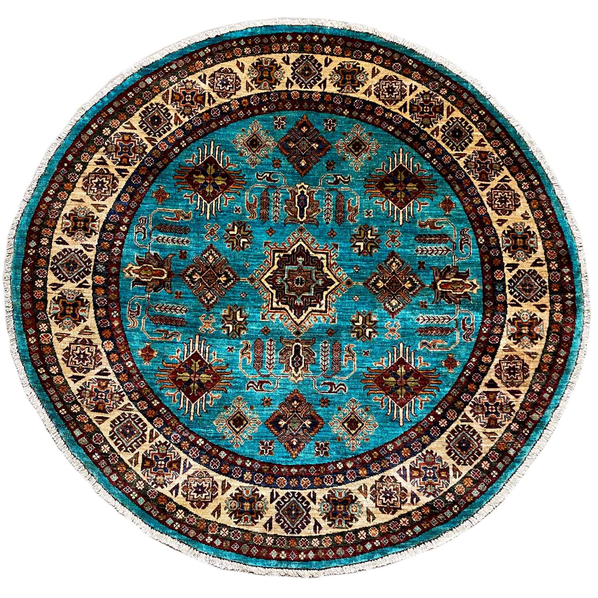 Türkisfarbener Runder Kazak Teppich, 177x180 cm - German Carpet Shop