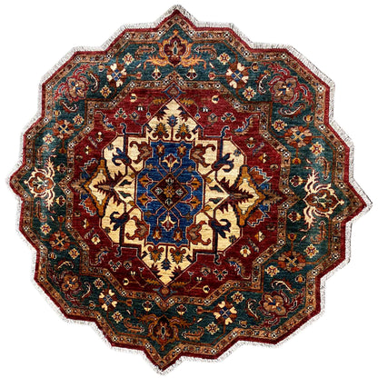 Roter & Blauer Achteckiger Kazak Teppich, 150x150 cm - German Carpet Shop