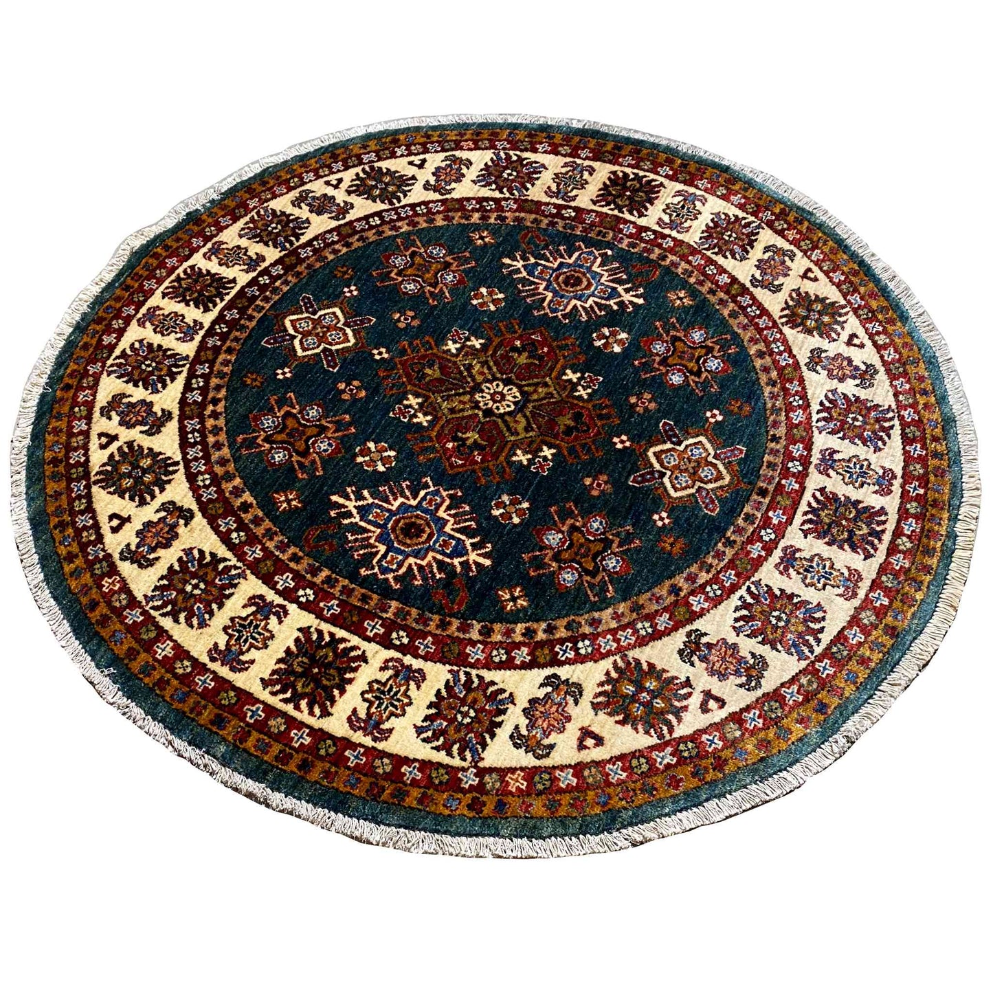  Blaugrüner & Beiger Runder Kazak Teppich, 126x126 cm - Premium Kazak Teppiche from German Carpet Shop - Just €535! Shop now at German Carpet Shop