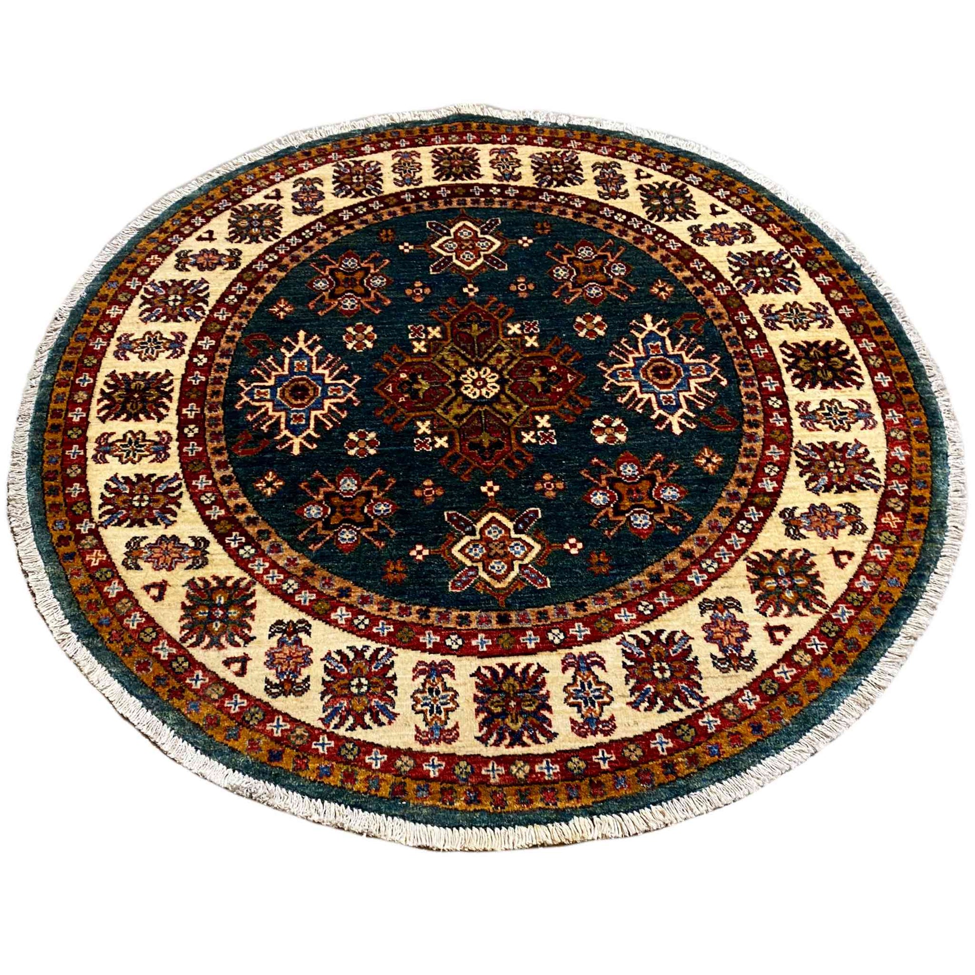  Blaugrüner & Beiger Runder Kazak Teppich, 126x126 cm - Premium Kazak Teppiche from German Carpet Shop - Just €535! Shop now at German Carpet Shop