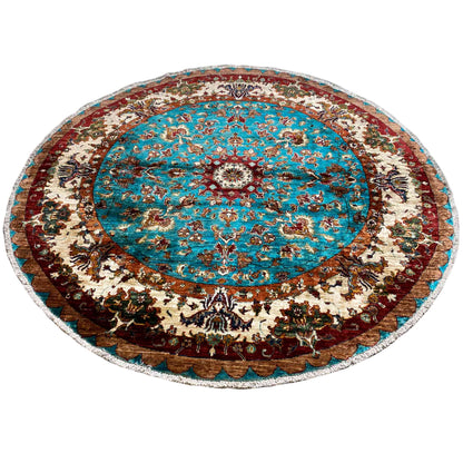 Türkis & Beiger Runder Kazak Teppich, 204x204 cm - German Carpet Shop