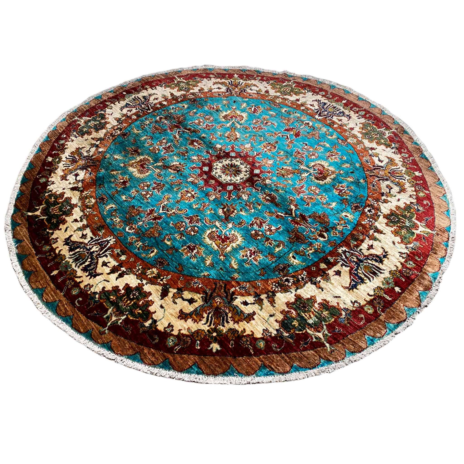 Türkis & Beiger Runder Kazak Teppich, 204x204 cm - German Carpet Shop