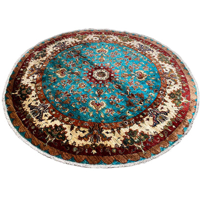 Türkis & Beiger Runder Kazak Teppich, 204x204 cm - German Carpet Shop