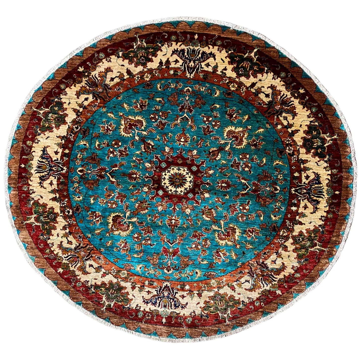 Türkis & Beiger Runder Kazak Teppich, 204x204 cm - German Carpet Shop