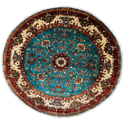 Türkis & Beiger Runder Kazak Teppich, 204x204 cm - German Carpet Shop