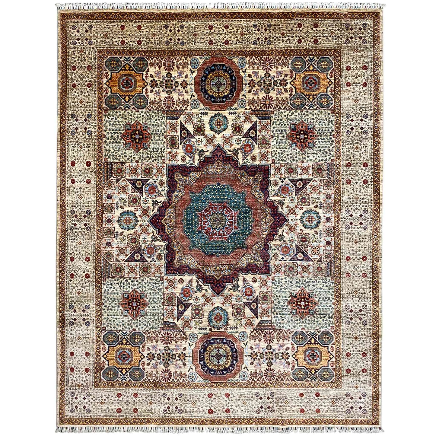Handgeknüpfter Woll-Khorjin-Teppich, Beige & Multicolor, 296x250 cm - German Carpet Shop