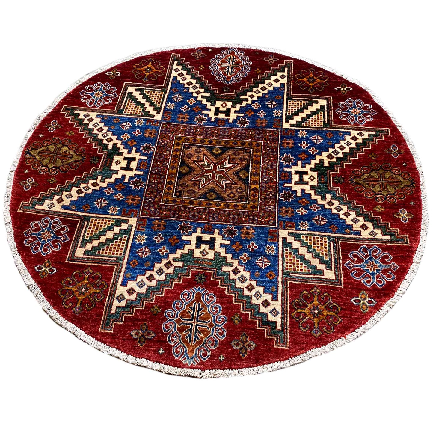 Handgeknüpfter runder Woll-Khorjin-Teppich, Rot & Blau, 139x140 cm - German Carpet Shop