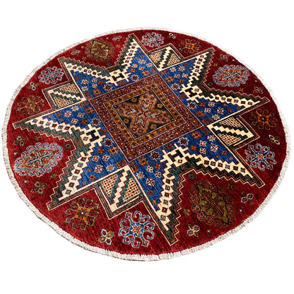Handgeknüpfter runder Woll-Khorjin-Teppich, Rot & Blau, 139x140 cm - German Carpet Shop