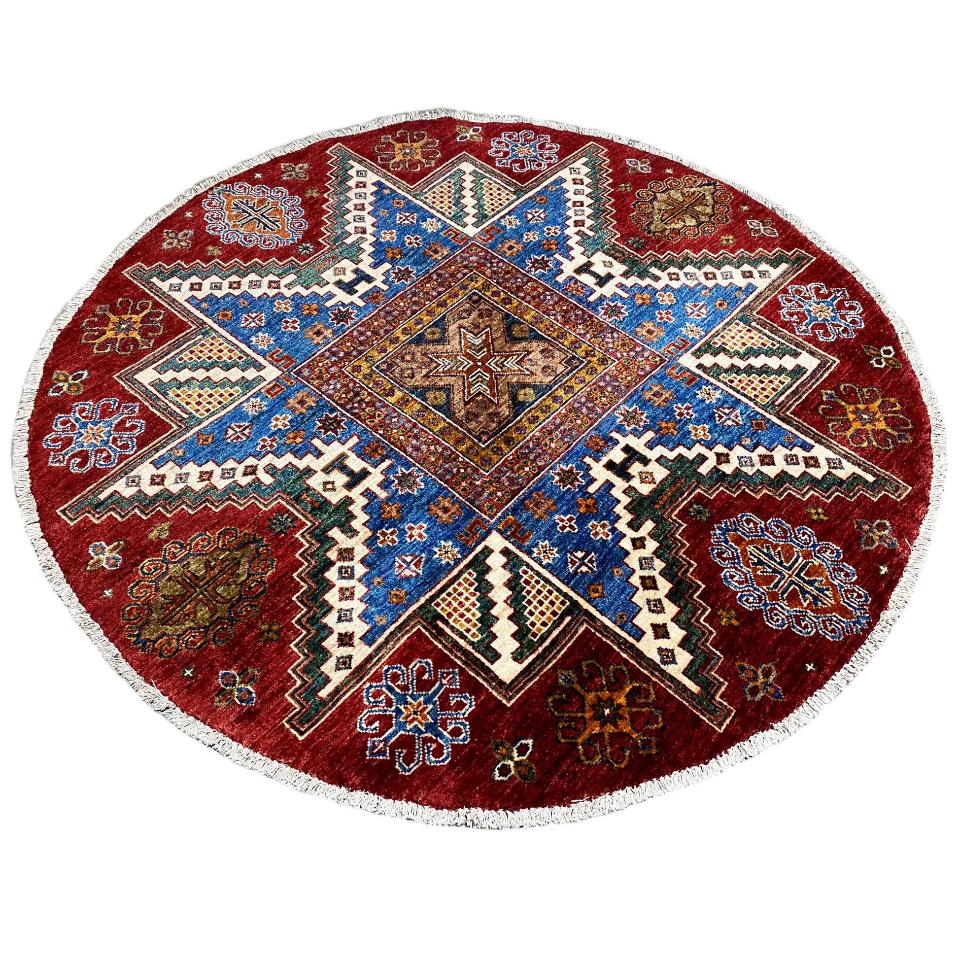 Handgeknüpfter runder Woll-Khorjin-Teppich, Rot & Blau, 139x140 cm - German Carpet Shop