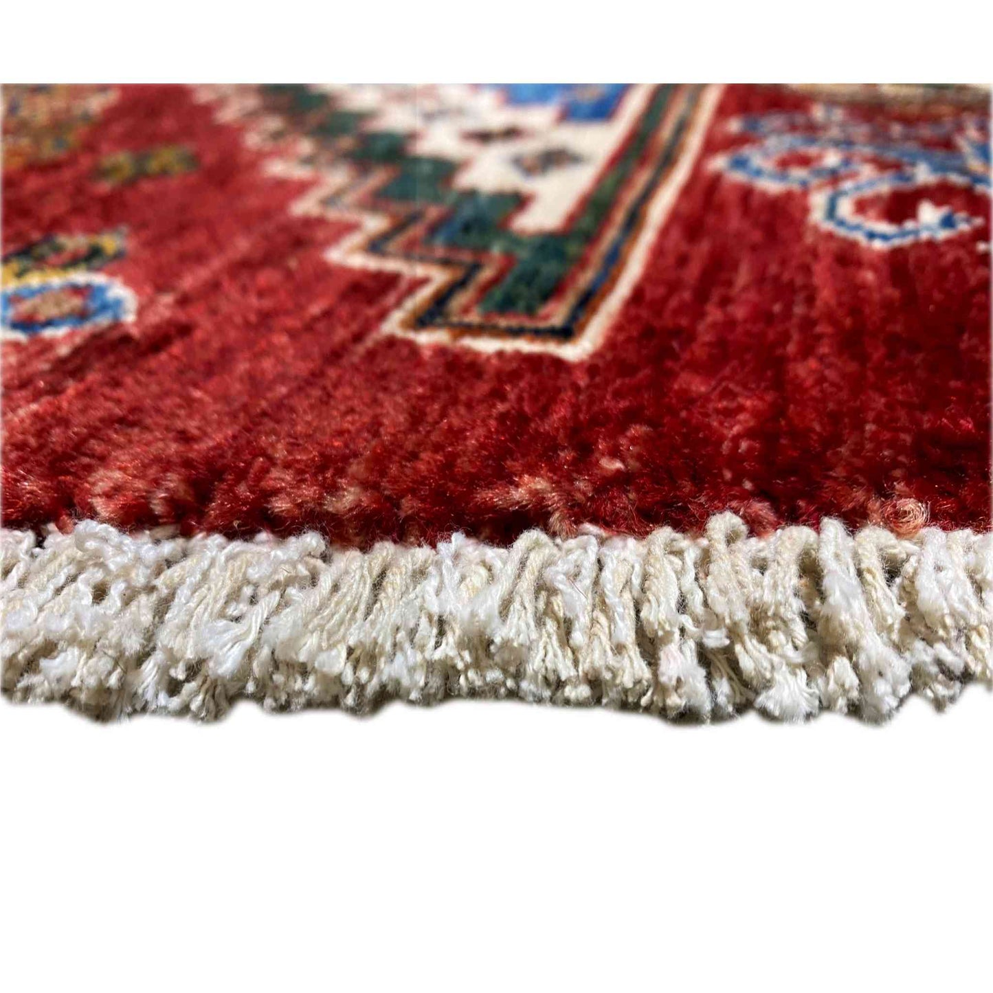 Handgeknüpfter runder Woll-Khorjin-Teppich, Rot & Blau, 139x140 cm - German Carpet Shop