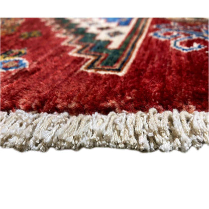 Handgeknüpfter runder Woll-Khorjin-Teppich, Rot & Blau, 139x140 cm - German Carpet Shop