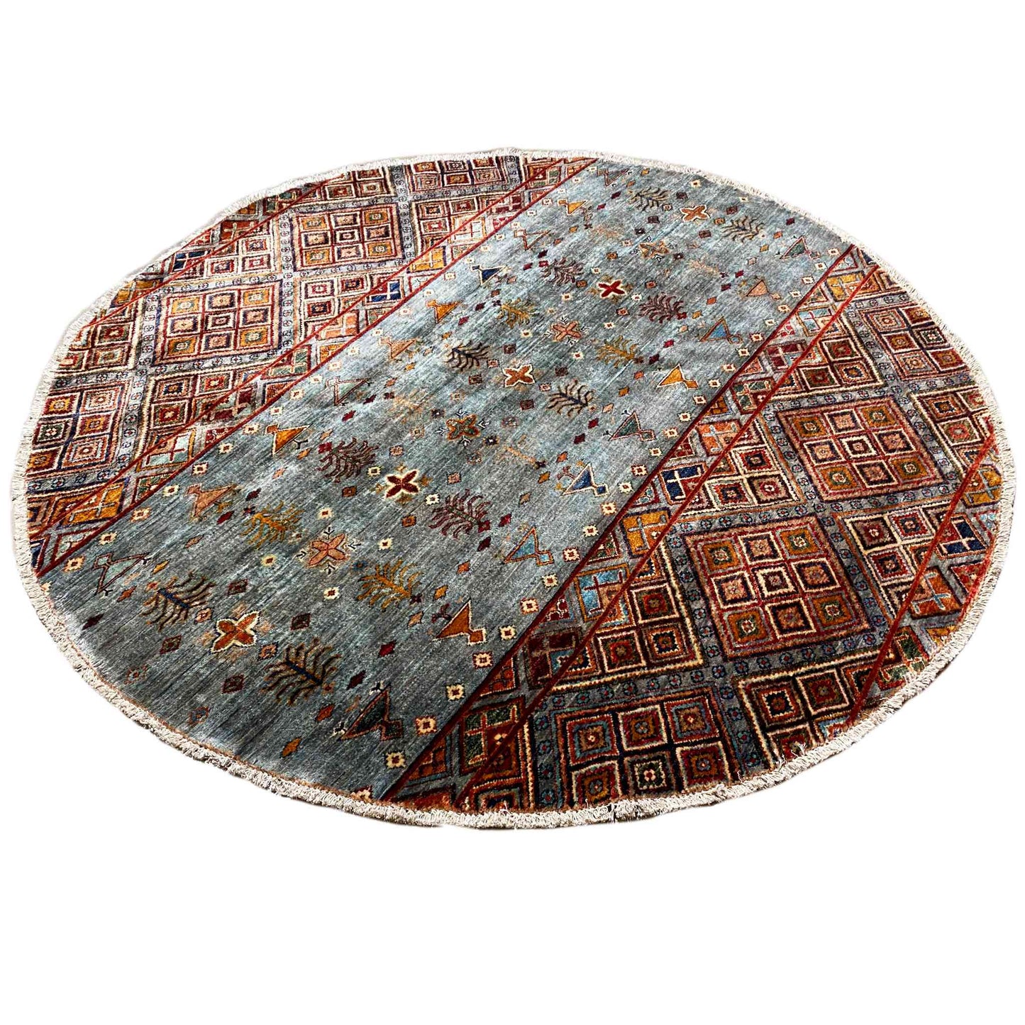 Runder Handgeknüpfter Wollteppich in Blau & Braun, 198x196 cm - German Carpet Shop