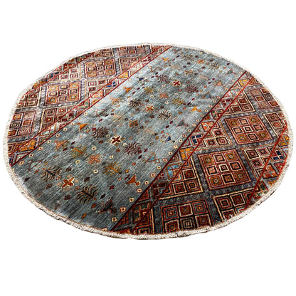 Runder Handgeknüpfter Wollteppich in Blau & Braun, 198x196 cm - German Carpet Shop