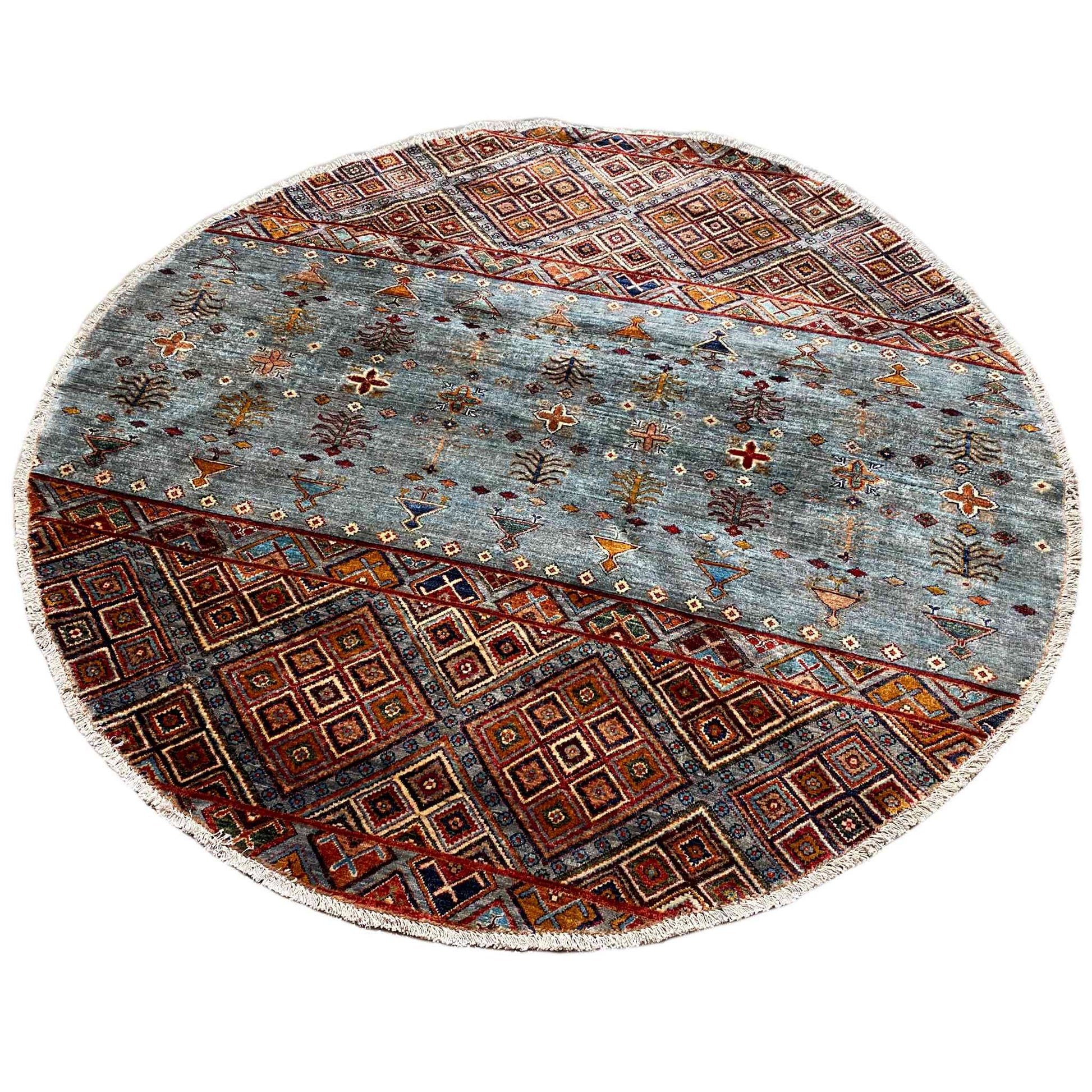 Runder Handgeknüpfter Wollteppich in Blau & Braun, 198x196 cm - German Carpet Shop