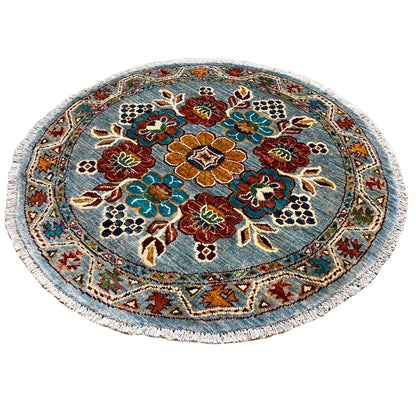 Khorjin-Wollteppich, Blaues Blumenmuster, 108x107 cm - German Carpet Shop