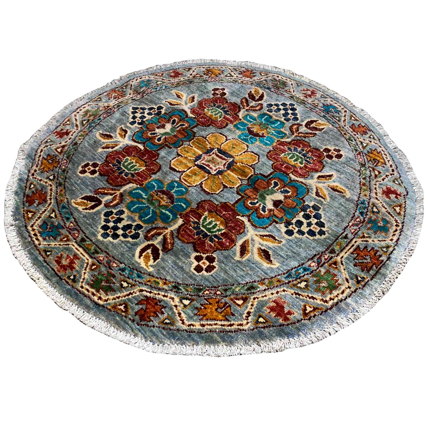 Khorjin-Wollteppich mit Blauem Blumenmuster, 108x106 cm - German Carpet Shop