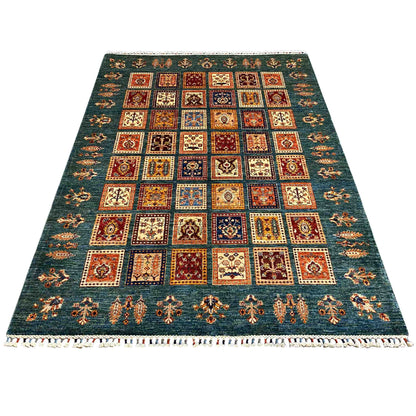 Khorjin Teppich - Blaugrün & Mehrfarbige Quadrate, 244x177 cm - German Carpet Shop