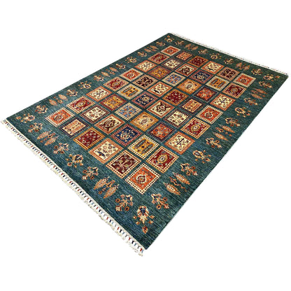 Khorjin Teppich - Blaugrün & Mehrfarbige Quadrate, 244x177 cm - German Carpet Shop