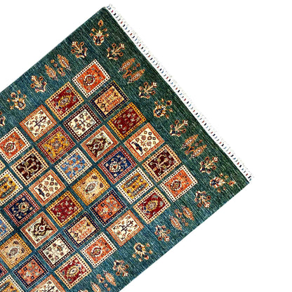 Khorjin Teppich - Blaugrün & Mehrfarbige Quadrate, 244x177 cm - German Carpet Shop