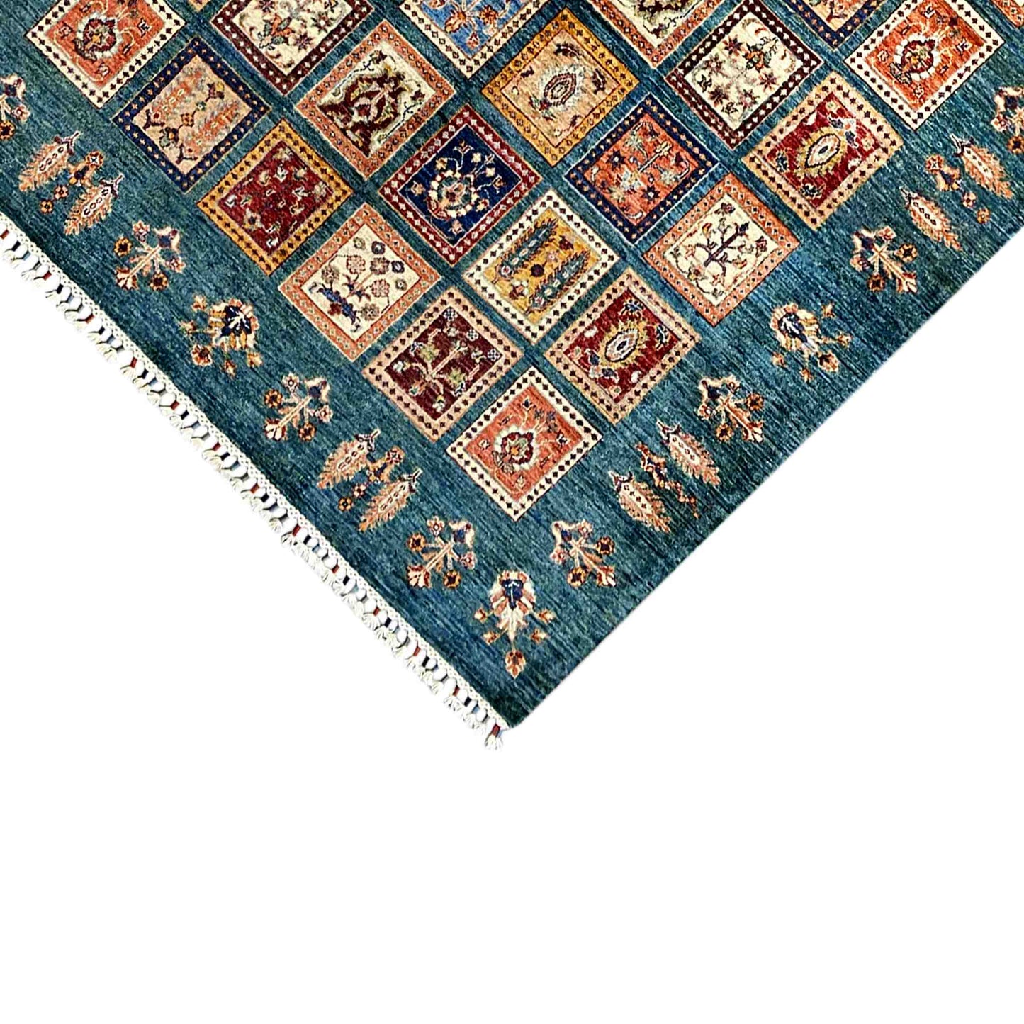 Khorjin Teppich - Blaugrün & Mehrfarbige Quadrate, 244x177 cm - German Carpet Shop