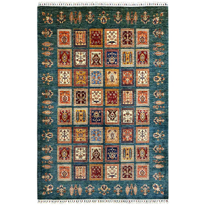 Khorjin Teppich - Blaugrün & Mehrfarbige Quadrate, 244x177 cm - German Carpet Shop