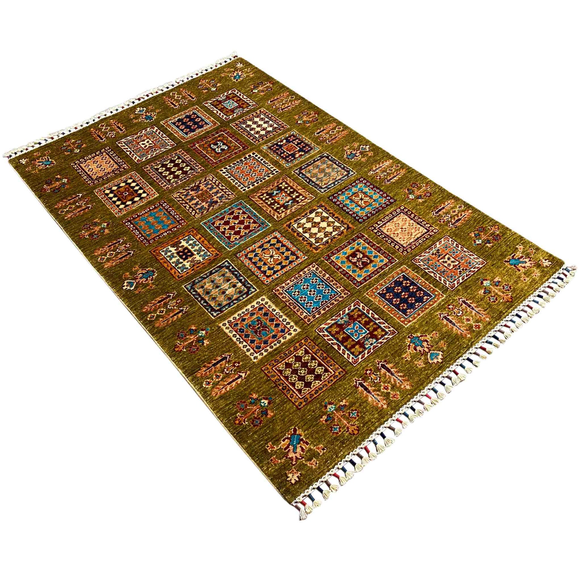 Afghanischer Khorjin Teppich, Olivgrün, 161x107 cm - German Carpet Shop