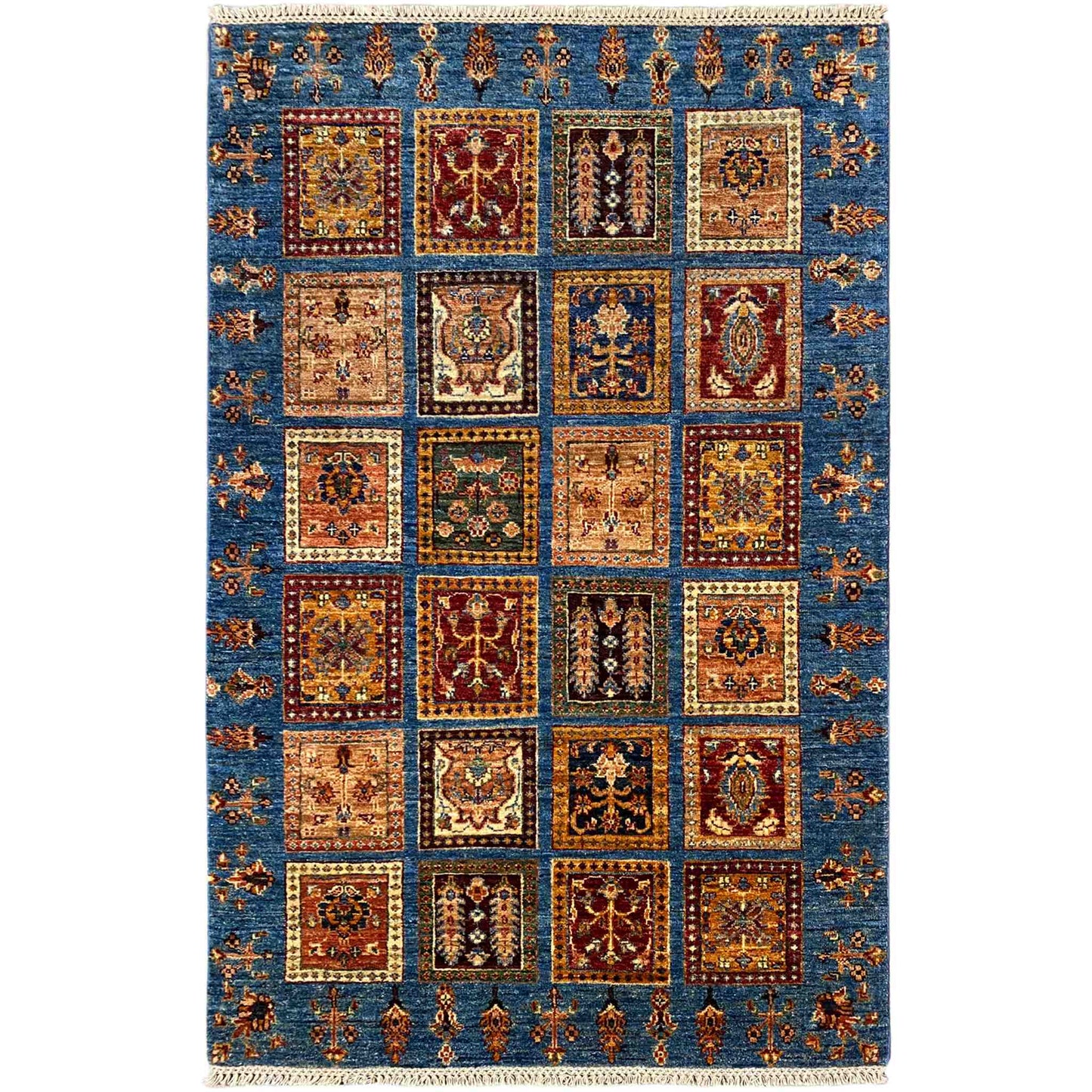 Khorjin Teppich - Blaues Feld mit geometrischen Mustern, 168x106 cm - German Carpet Shop