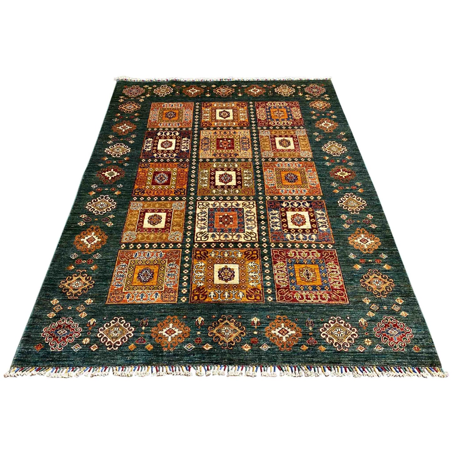 Khorjin-Teppich - Blaugrünes geometrisches Design & rustikale Eleganz, 229x176 cm - German Carpet Shop
