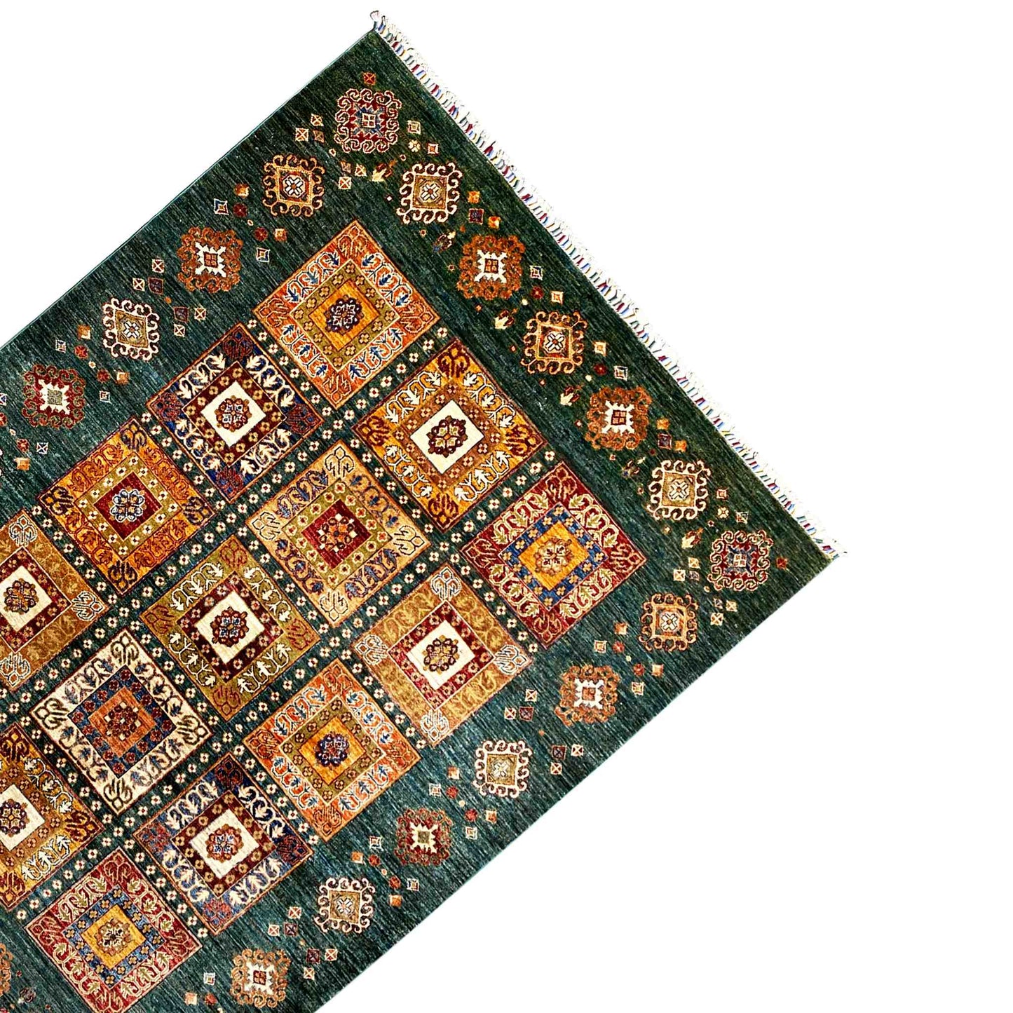 Khorjin-Teppich - Blaugrünes geometrisches Design & rustikale Eleganz, 229x176 cm - German Carpet Shop