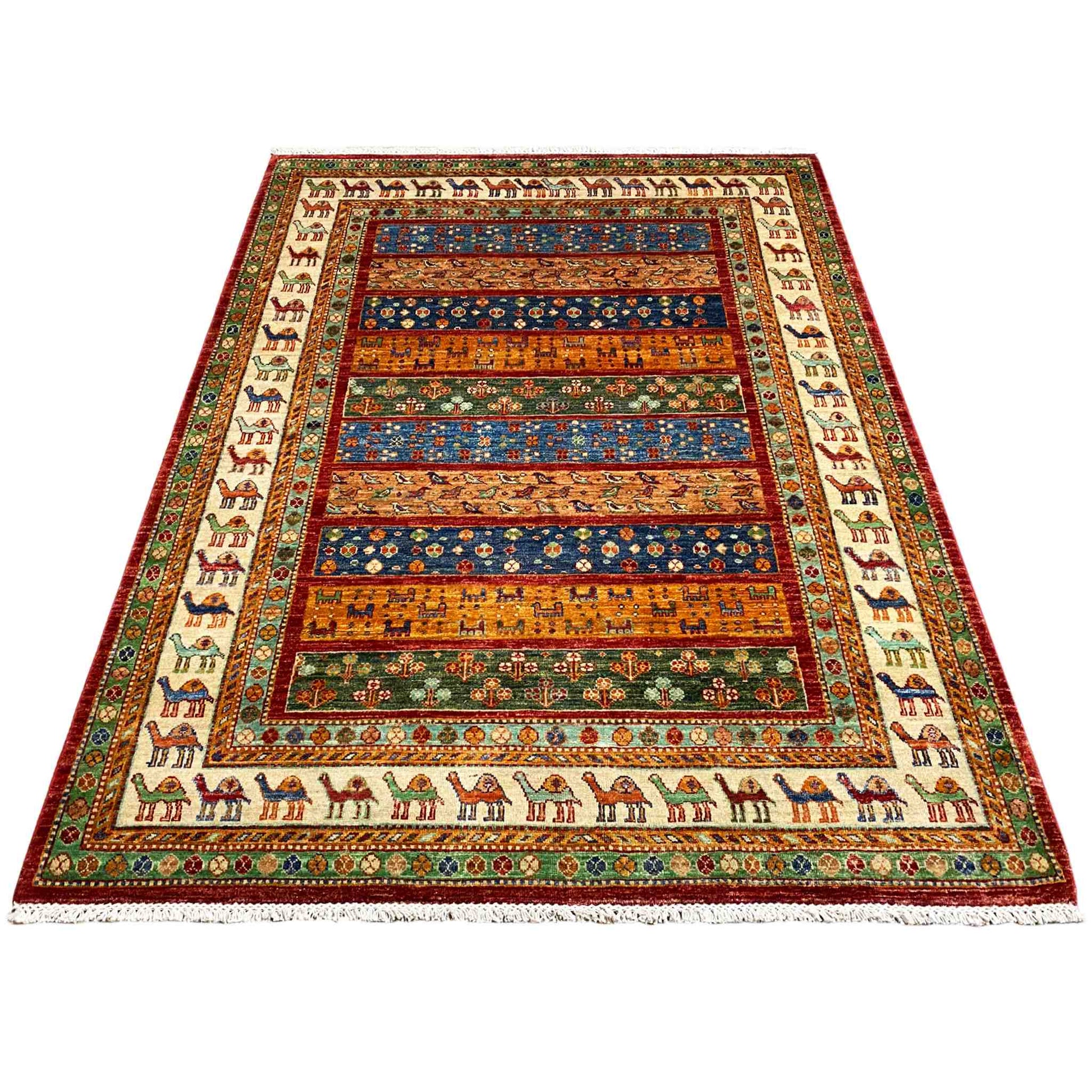 Khorjin-Teppich - Kamelmotiv & Stammesstreifen, 203x153 cm - German Carpet Shop