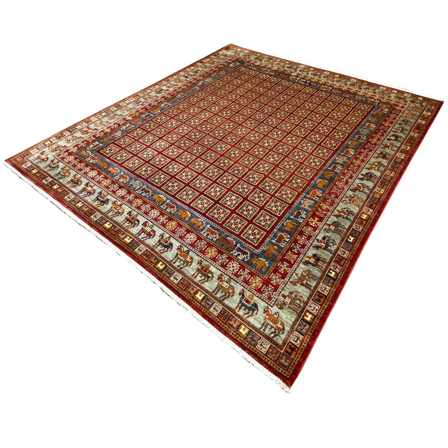 Khorjin Teppich - Geometrisches Paneel, Reiches Rot & Stammesbordüren, 285x258 cm - German Carpet Shop