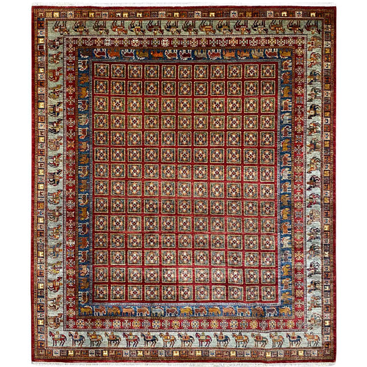  Khorjin Teppich - Geometrisches Paneel, Reiches Rot & Stammesbordüren, 285x258 cm - Premium Khorjin Teppiche from German Carpet Shop - Just €2290! Shop now at German Carpet Shop