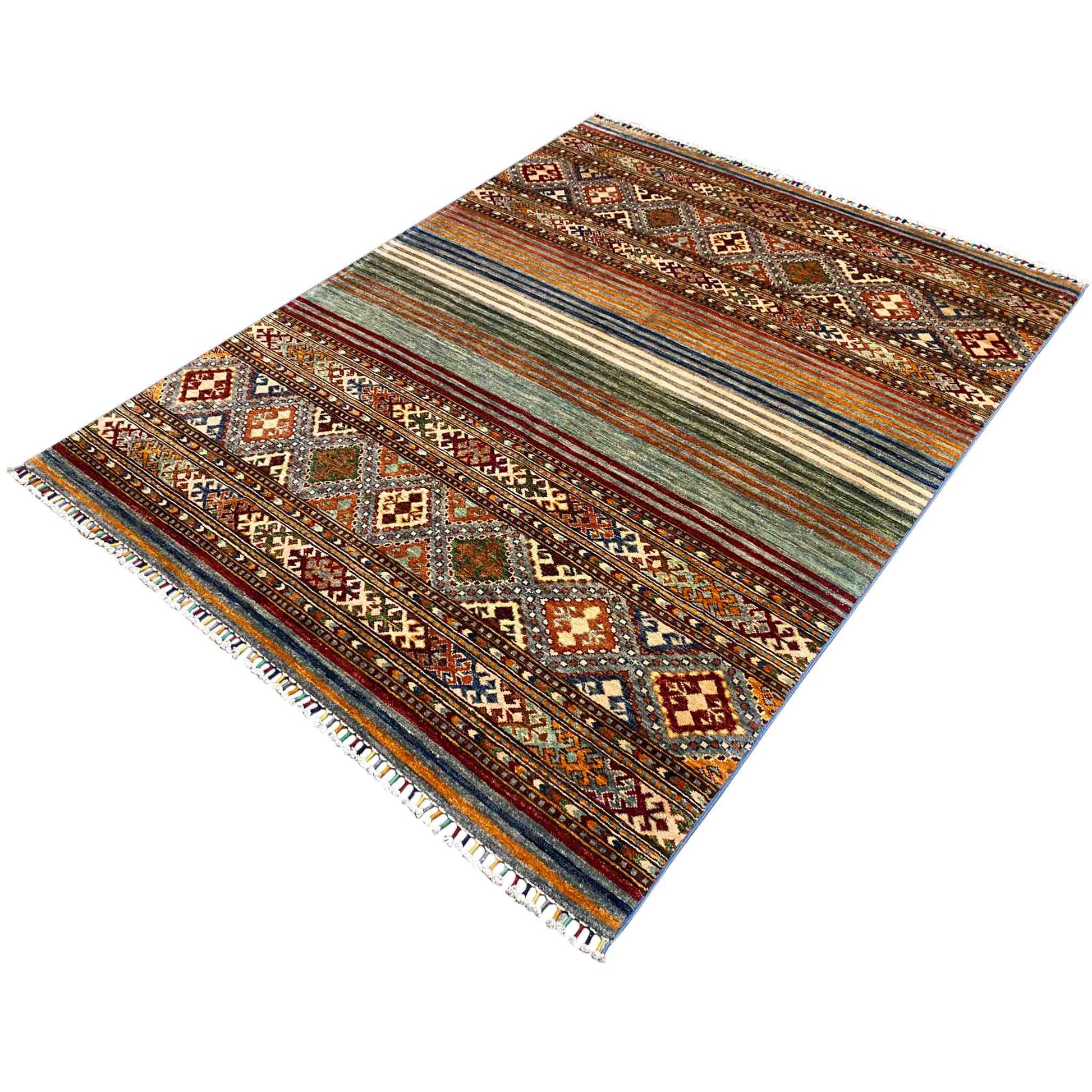 Khorjin Teppich - Lebhafte Streifen & Rautenmotive, 201x157 cm - German Carpet Shop
