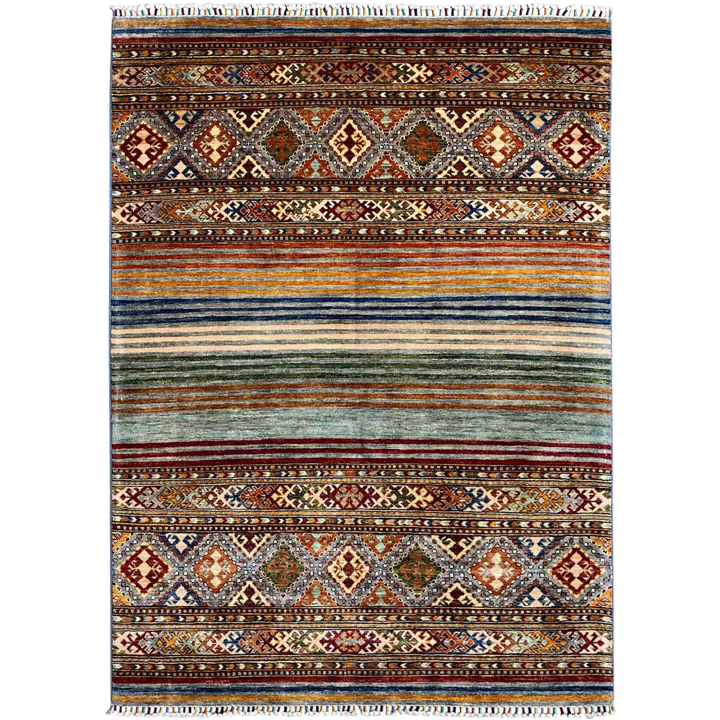 Khorjin Teppich - Lebhafte Streifen & Rautenmotive, 201x157 cm - German Carpet Shop