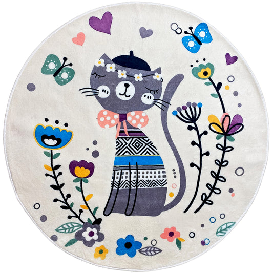 Round Children's Rug Cat, white, 120 cm