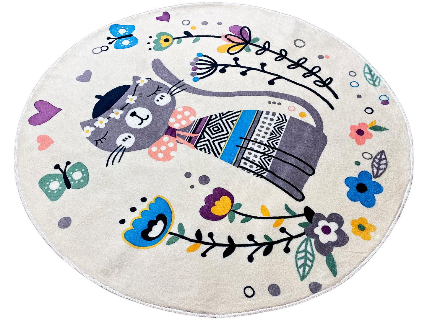 Round Children's Rug Cat, white, 160 cm