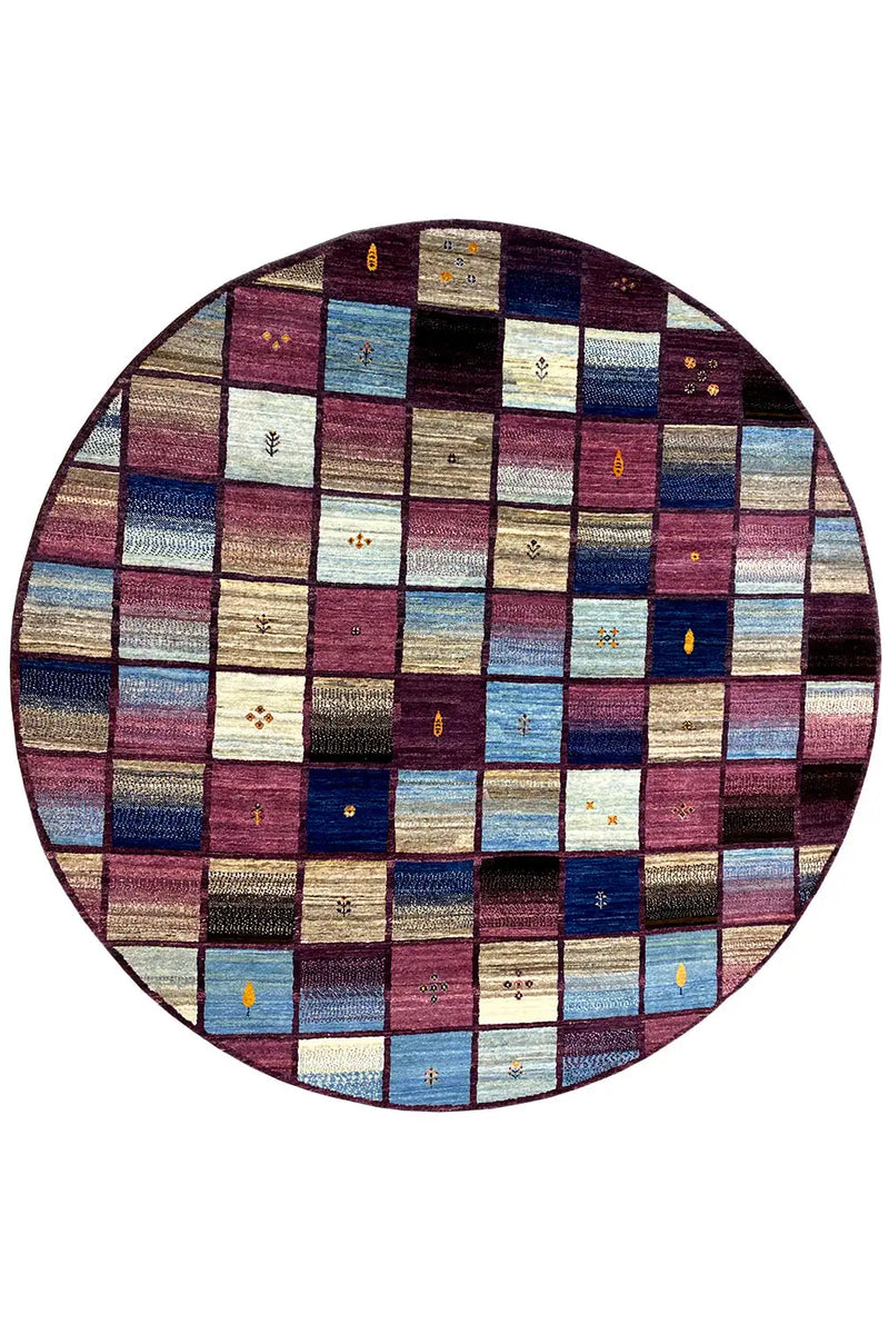 A beautiful gabbeh lori rug in circular or round shape in multi-colored checkered design. 