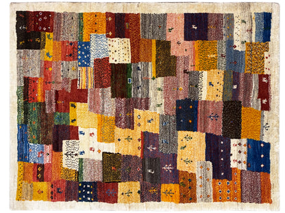 Gabbeh Luri-Teppich 145x105 cm mit buntem Patchwork und hellen Akzenten am Rand