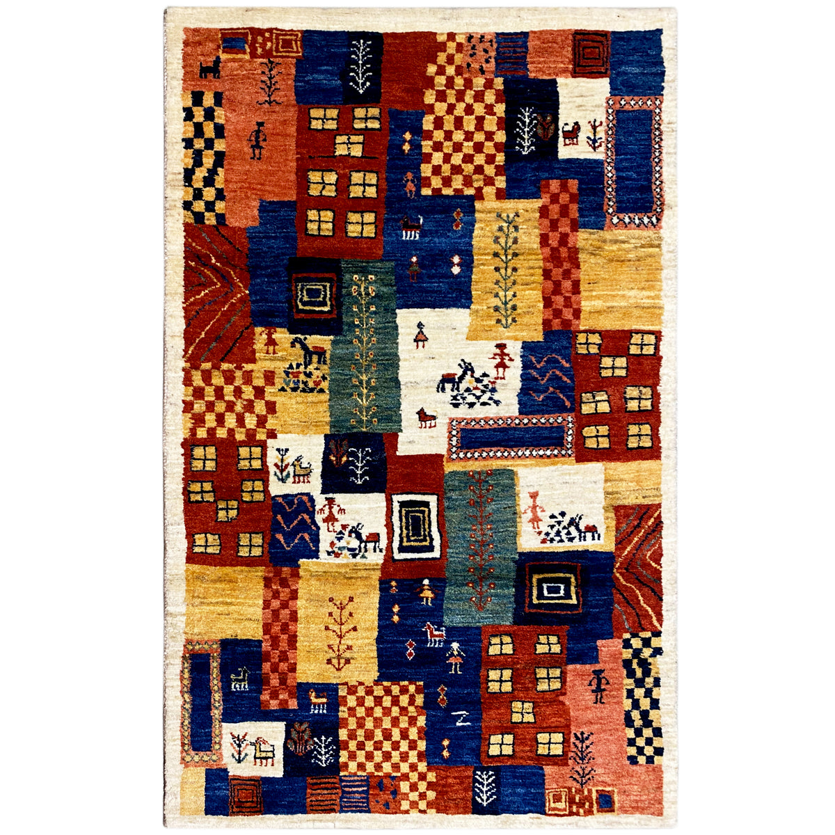 Gabbeh-Luri Teppich 158x86 cm mit Patchwork-Design in Blau, Rot und Ocker