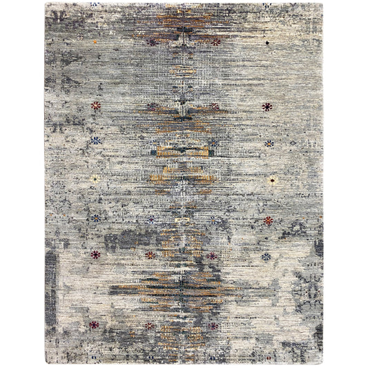 Gabbeh-Luri rug: light gray flatweave with colorful pattern accents